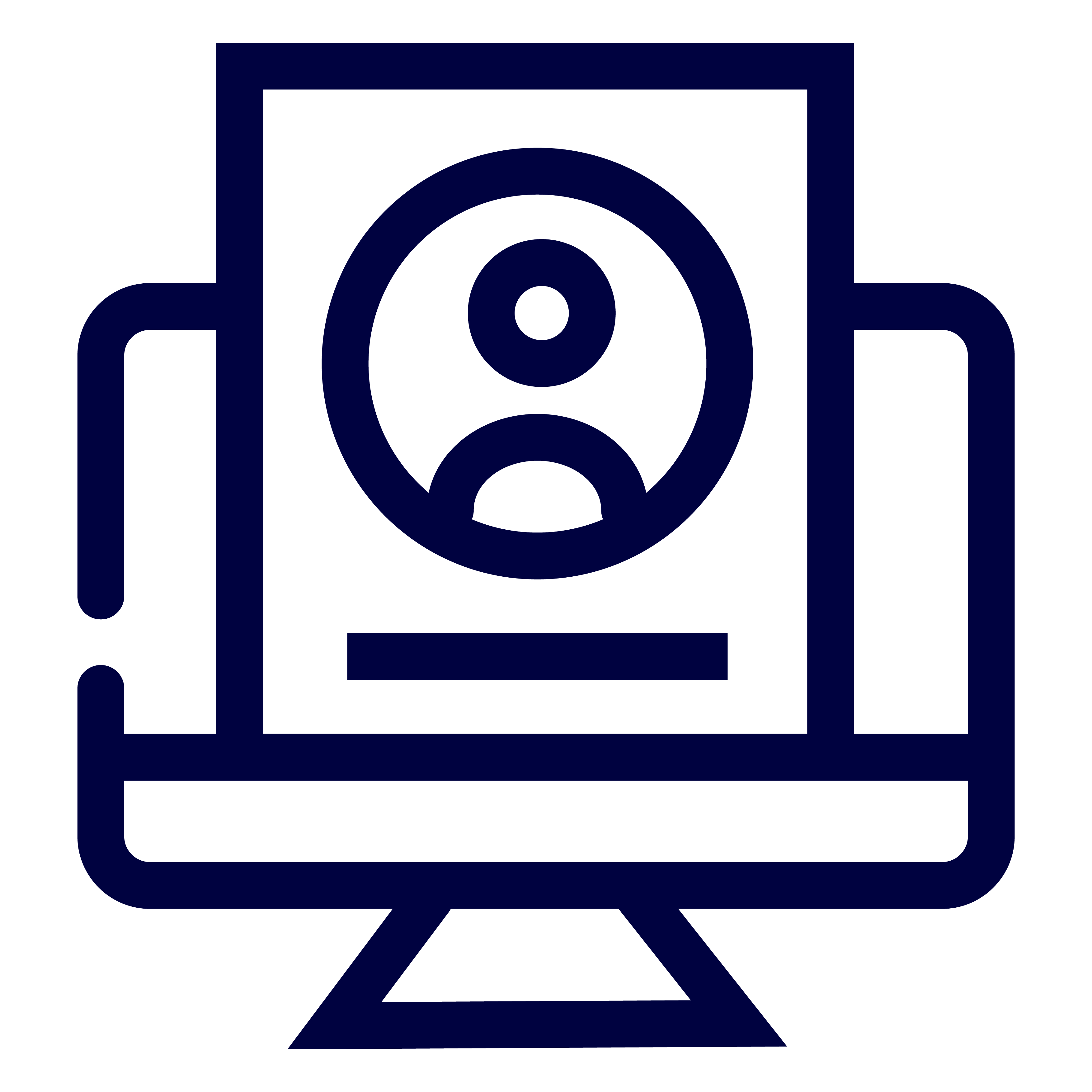 Dunkelblaues Icon eines Computerbildschirms mit einer Person auf dem Display, das IPTV in optimaler Qualität präsentiert.