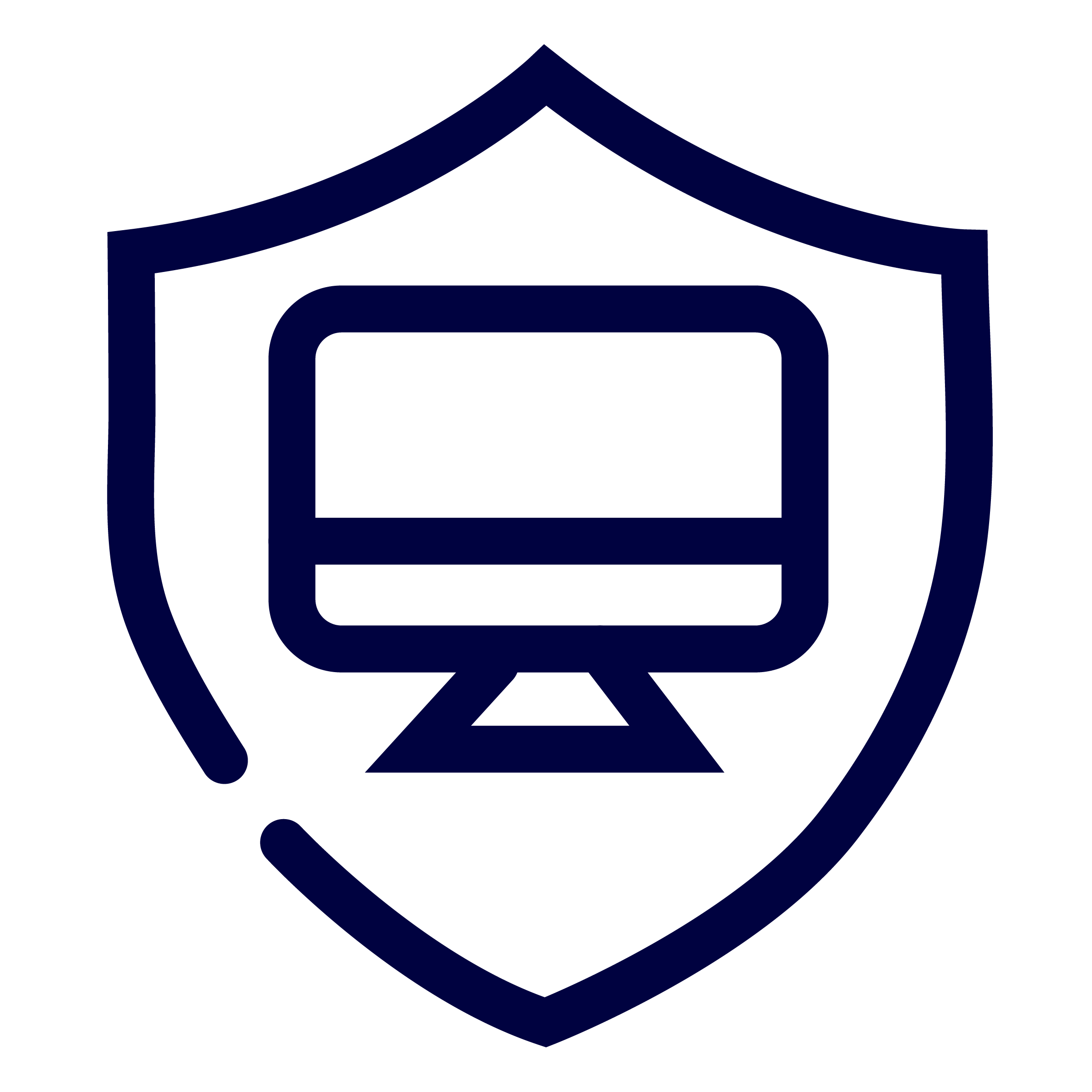 Dunkelblaues Icon eines Schutzschildes mit einem Computerbildschirm darauf, das für Sicherheit im Online-Banking und -Shopping steht.