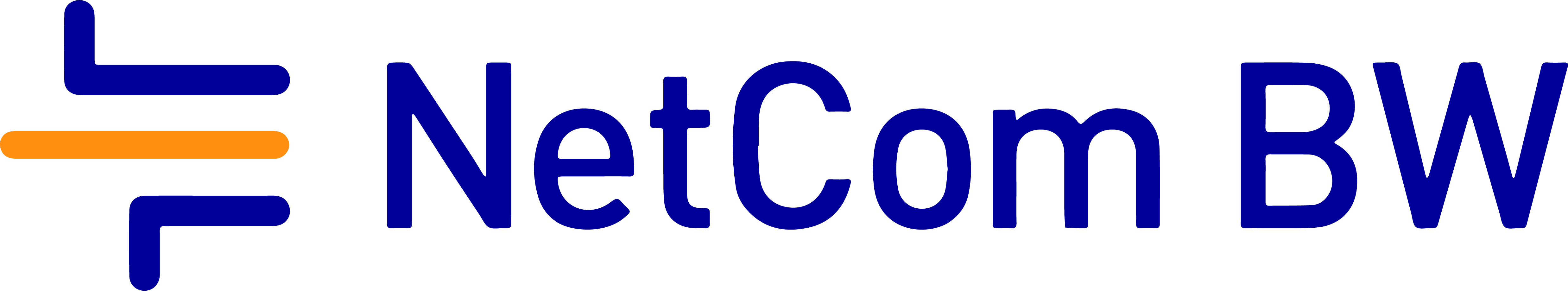 Das Logo von NetCom BW, welches einen dunkelblauen Schriftzug und zwei angedeutete Kabel in blau und eines in orange enthält.