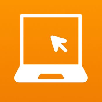weißes Icon eines Laptops mit Mauszeiger auf orangenem Hintergrund